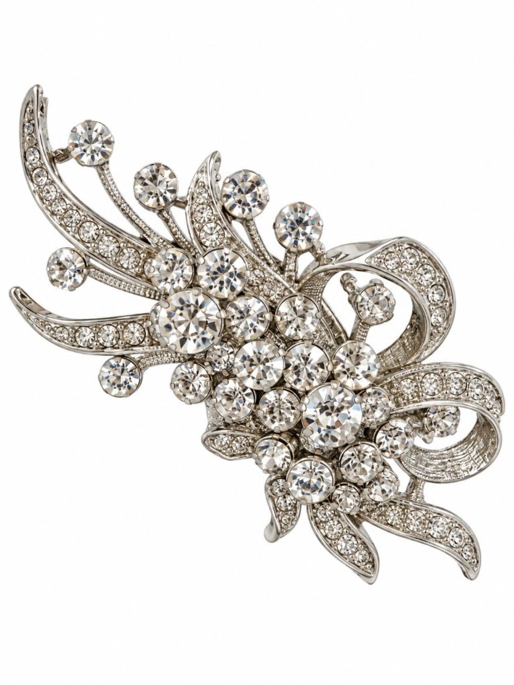 Crystal Floral Statement Brooch - Silver Tone